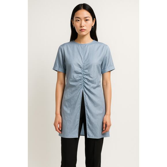 Zara Woman Ruched Powder Blue Satin Effect Split Front Blouse - Picture 1 of 6